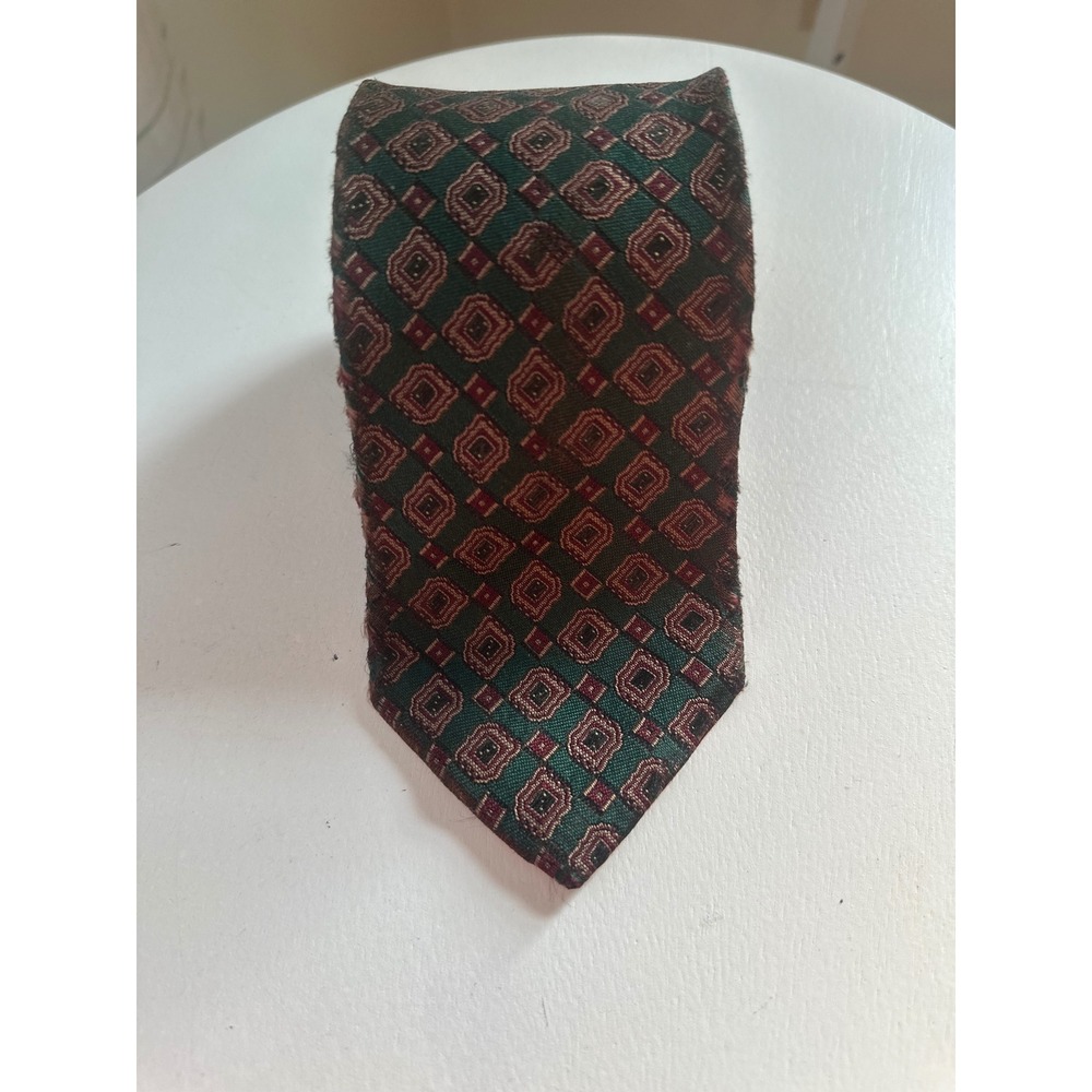 Redwood & Ross Mens Silk Tie Green Burgundy Geometric Diamond Hand Finished USA
